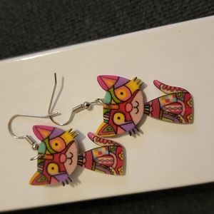 Crazy Cat Pink Dangle Earrings